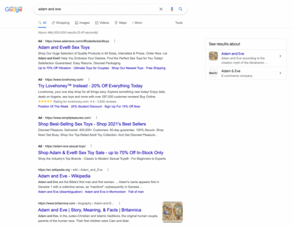 Google фильтрует сайты для взрослых органическом поиске, но показывает их в платном