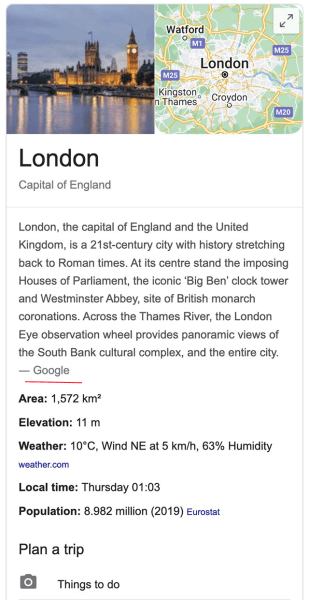 В блоках знаний могут появляться описания, созданные авторами Google