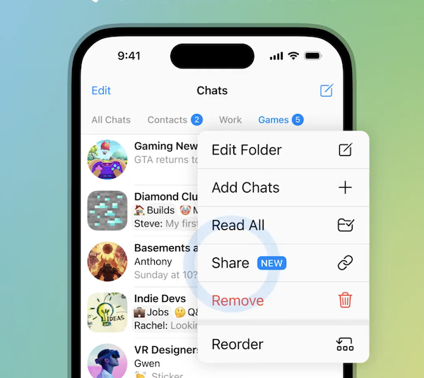  В Telegram появилась возможность быстро делиться десятками чатов с помощью одной ссылки 