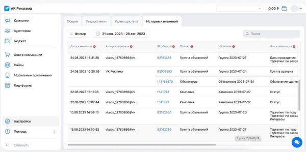 В кабинете VK Рекламы появился раздел «История изменений»
В кабинете VK Рекламы появился раздел «История изменений»